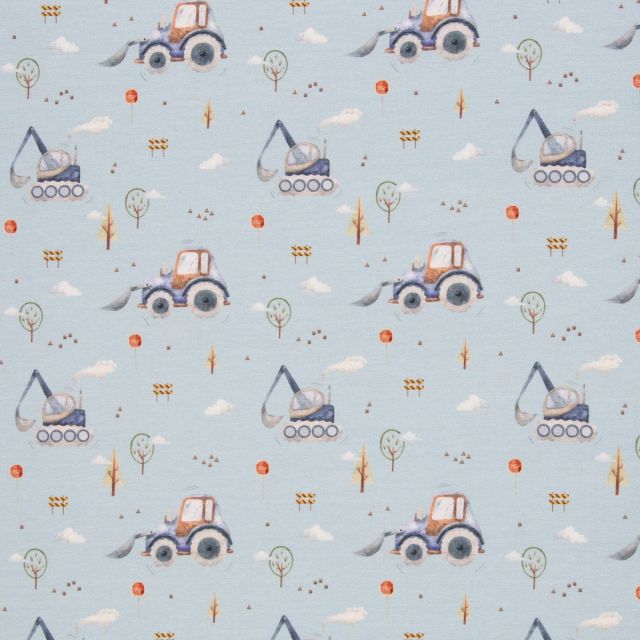 BOLT END - 180 CM - Cotton Jersey - Construction Vehicles on Light Blue by Swafing