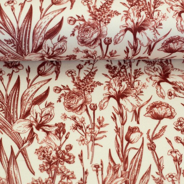 Viscose Satin Fabric toile print with flowers in dark red on off white