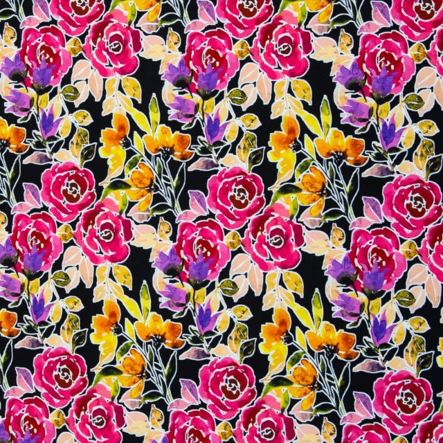 Cotton Jersey "Silk Print Look" Flowers on Dark Background