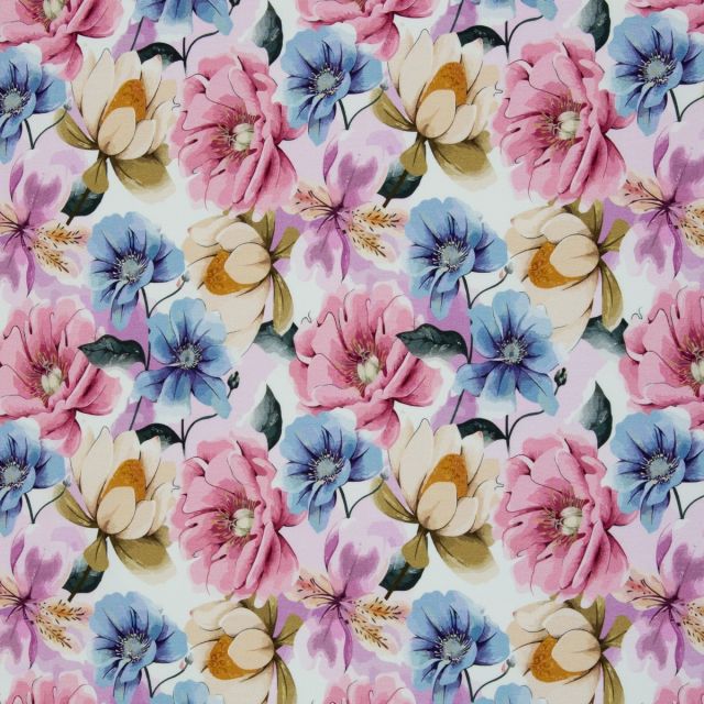 Cotton Jersey with Pastel Flowers in Blue and Pink