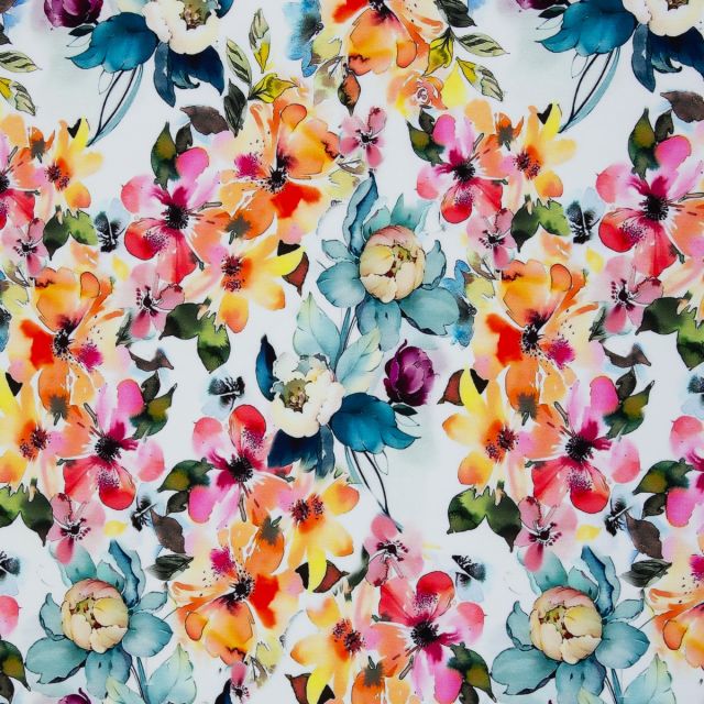 Cotton Jersey Tropical Flower Print on White