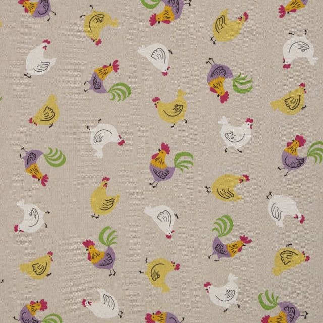 Cotton Canvas Fabric - Chickens and Roosters on Linen Look