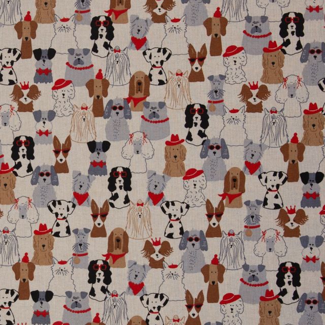 Cotton Canvas Fabric - Fashionable Dogs on Linen Look 