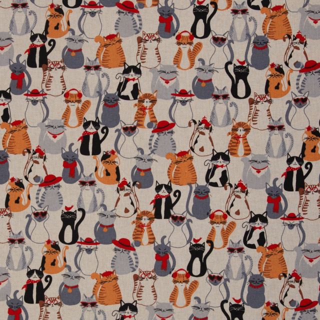 Cotton Canvas Fabric with Cat Print