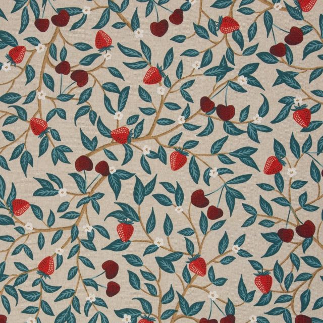 Cotton Canvas Fabric - Strawberries and Cherries on Linen Look 