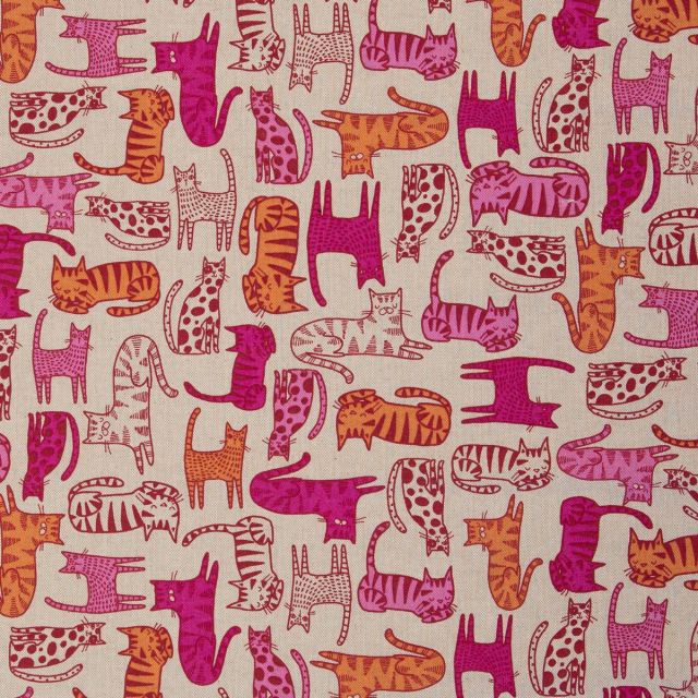 Cotton Canvas Fabric - Pink and Orange Cats on Linen Look