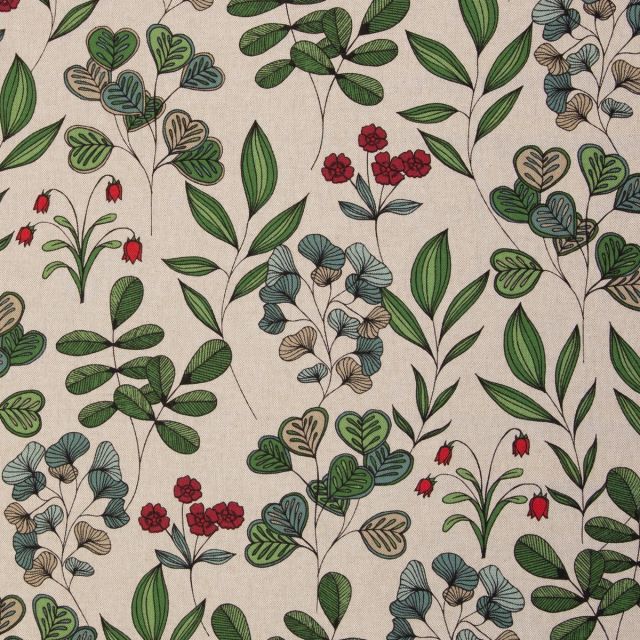Cotton Canvas Fabric - Flowers and Foliage on Linen Look