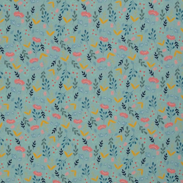 Cotton Poplin Fabric "Spring" Colorful Flowers on Light Blue