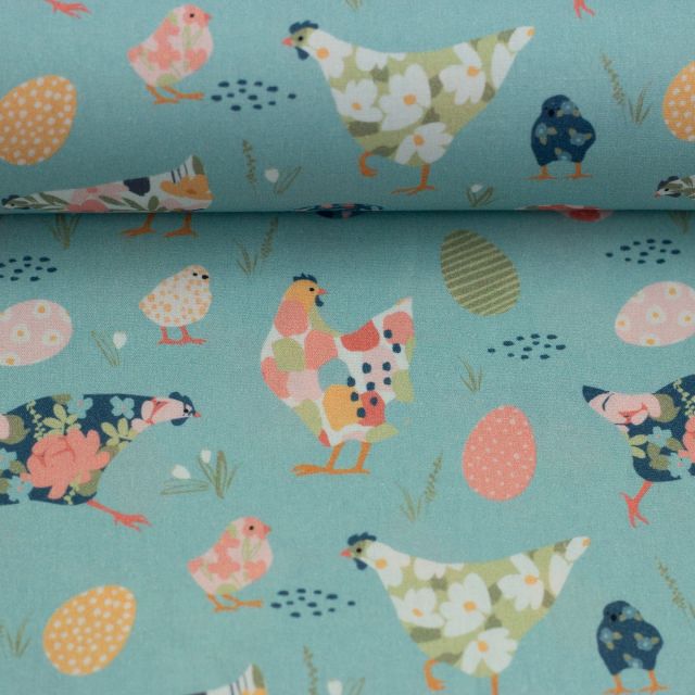 Cotton Poplin Fabric "Spring" Colorful Chickens on Light Blue