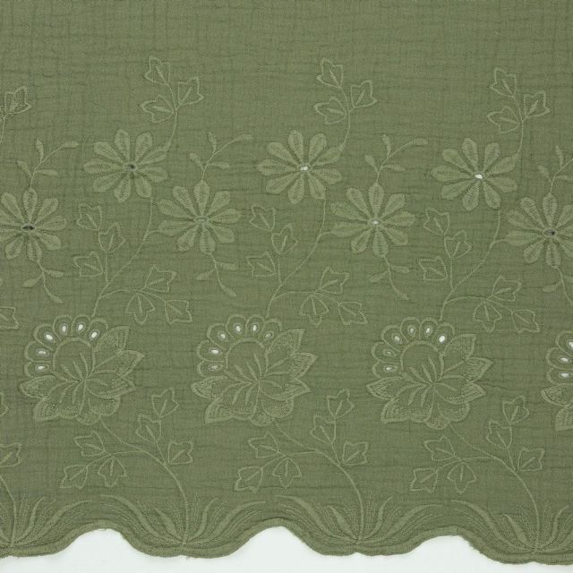 Double Gauze with Single Border Embroidery - Khaki Green