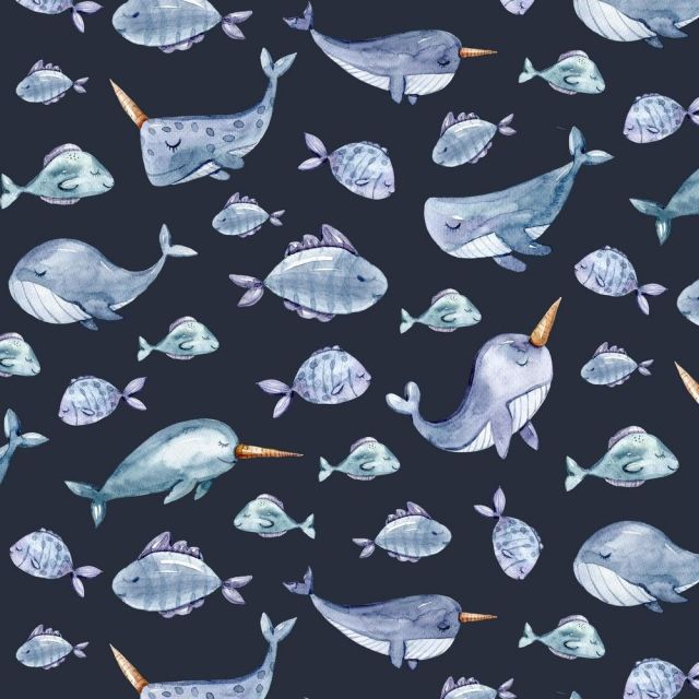 Organic Cotton Jersey - Underwater Animals - Dark Blue