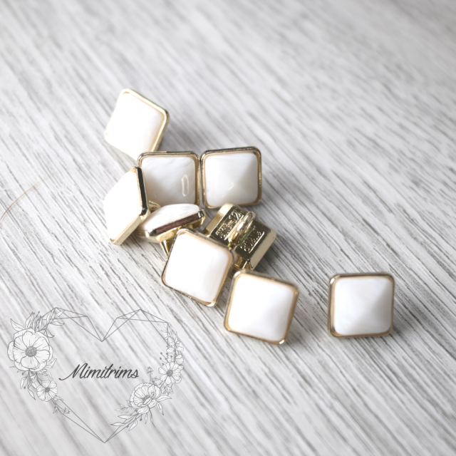 12 mm Square Shank Button - Gold with White Enamel - Metal ( 1 pcs) 