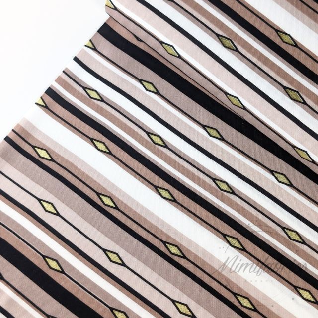 Viscose Challis Horizontal Stripes with Foil Printed Diamonds - Natural Tones