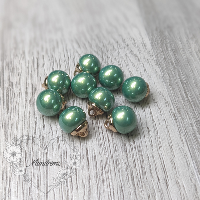 10 mm Faux Pearl Shank Button - Green with Gold Metal ( 1 pcs) 