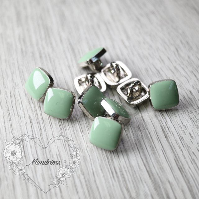 9 mm Shank Button - Silver with Green Enamel - Metal ( 1 pcs) 