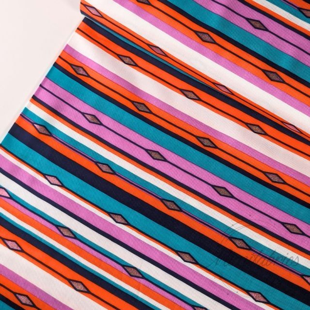 Viscose Challis Horizontal Stripes with Foil Printed Diamonds - Bold Colors