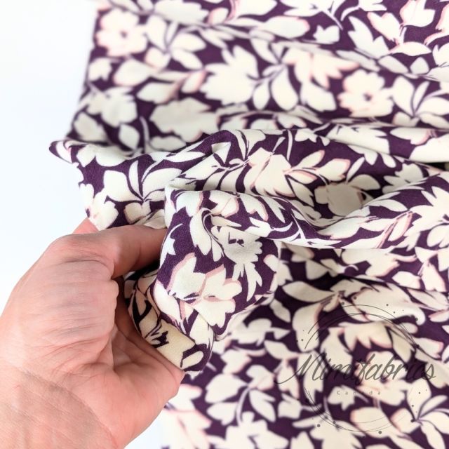Bamboo Cotton Blend Jersey with white floral print - Purple