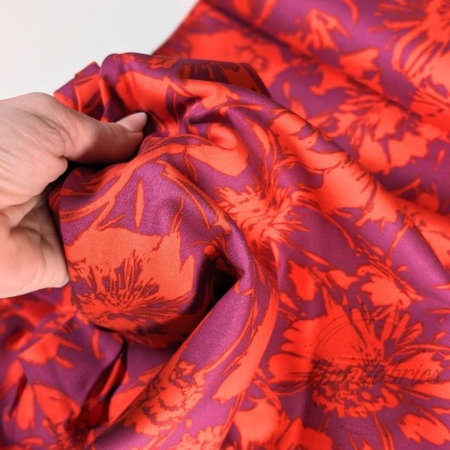Viscose Twill - Two Tone Floral Mauve and Coral Red