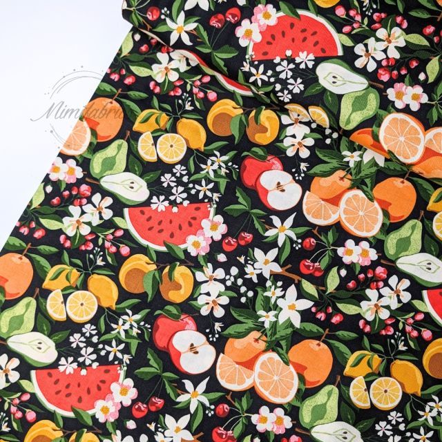 100% Cotton - Fruit Loop Jenipapo Fruits and Florals on Black - Moda per 1/2m