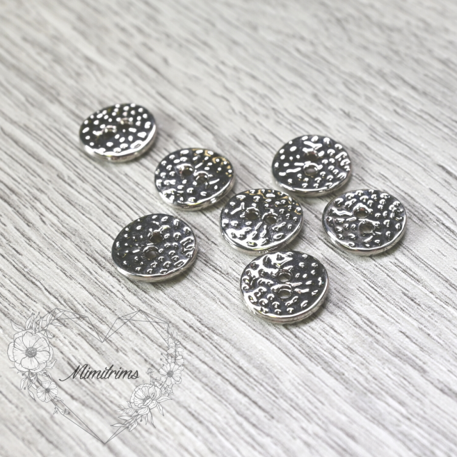 11mm Two Hole Button - Silver Hammered - Metal ( 1 pcs) 
