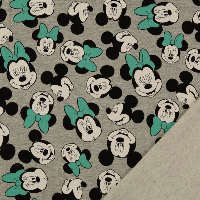 Brushed French Terry - Mickey and Minnie Mouse on Grey Heathered Background with Mint Bows - Licensed