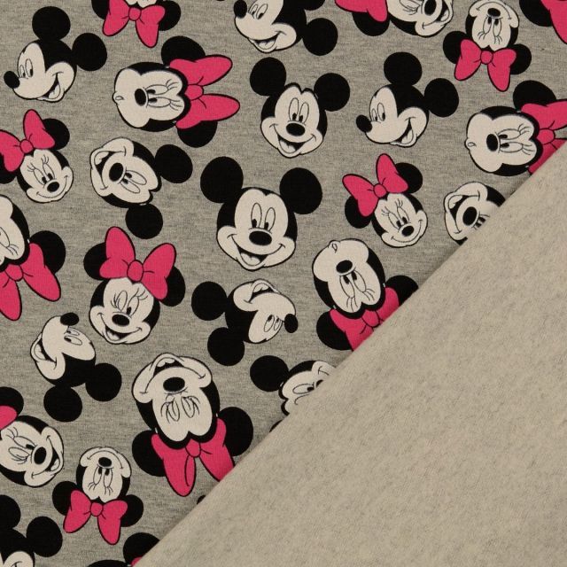 Brushed French Terry - Mickey and Minnie Mouse on Grey Heathered Background with Pink Bows - Licensed