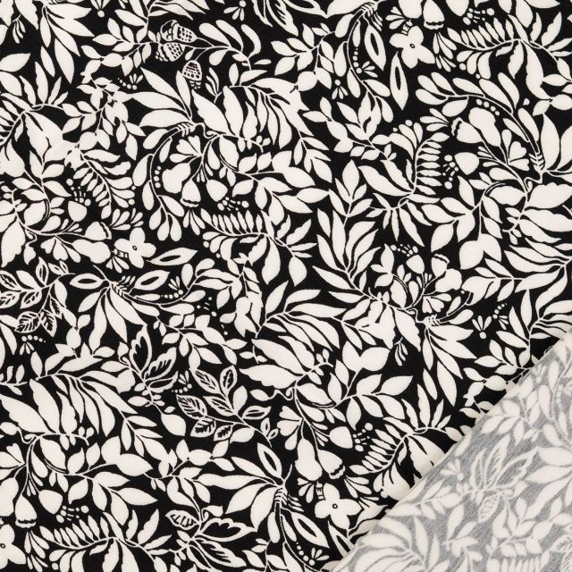 Bengaline Stretch Woven - Viscose/Nylon Blend - Black with White Floral Design