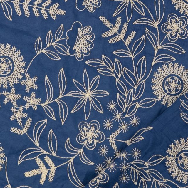 Embroidered Cotton Poplin - White Floral on Denim Blue