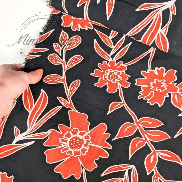 Viscose Challis - Black with Coral Red Flower Print