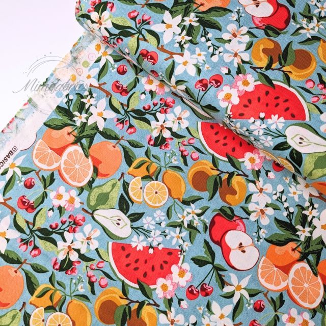 100% Cotton - Fruit Loop Jenipapo Fruits and Florals on Blue - Moda per 1/2m