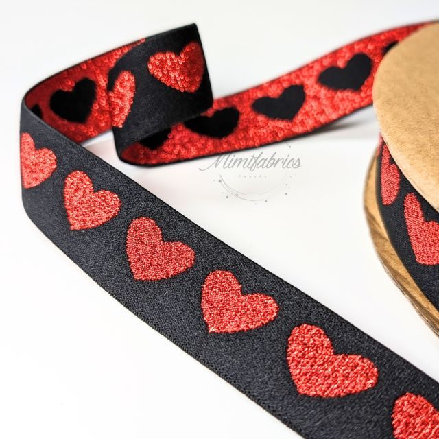 Double Sided Elastic with Red Hearts "Soft Touch" 25mm - Col. 515