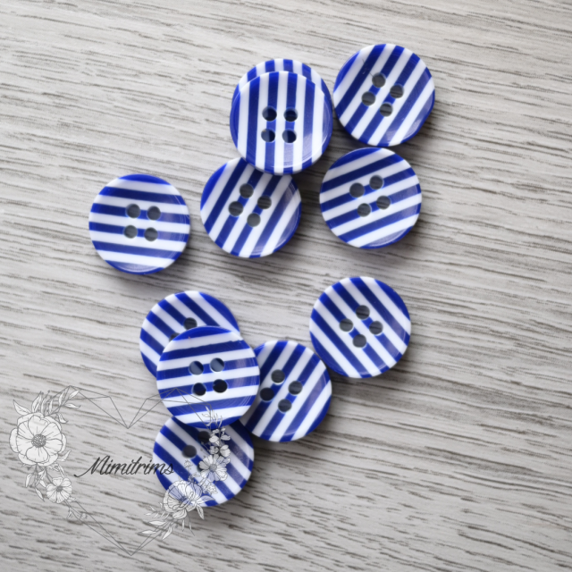 12 mm Resin Button - Blue and White Stripes - 4 Hole (1 pcs)