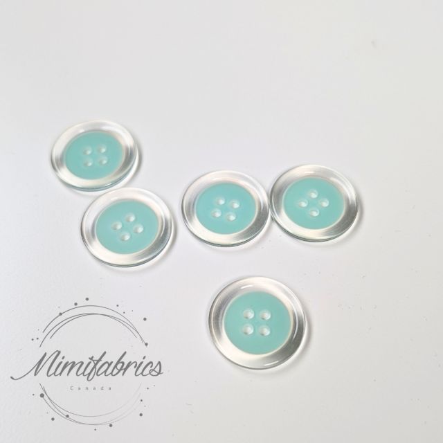 20 mm Poly Button - Two Tone Mint Green with Clear Rim - 4 Holes - 1pcs