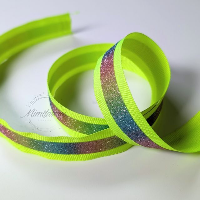 20mm Tape - Neon Yellow with Sparkly Rainbow