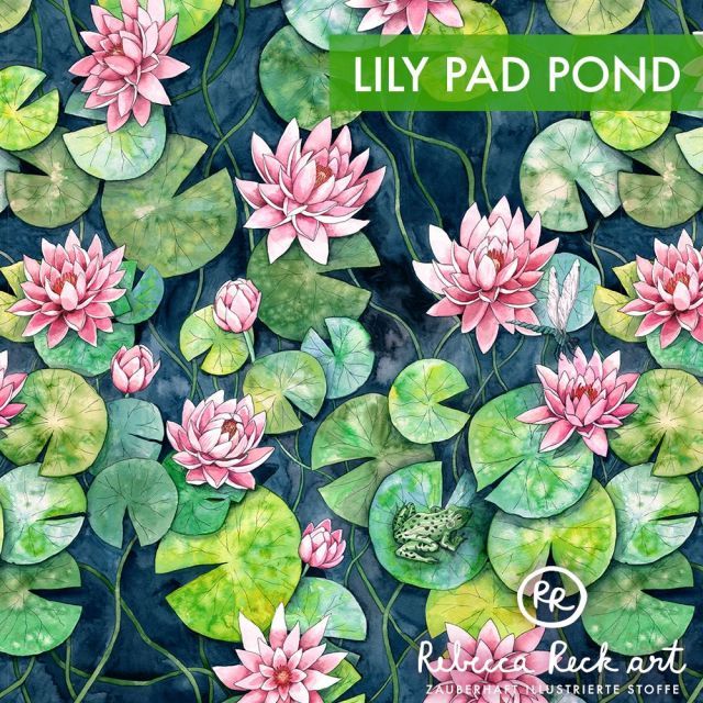 Organic Jersey Knit - Lily Pad Pond by Rebecca Reck (Dark Background)