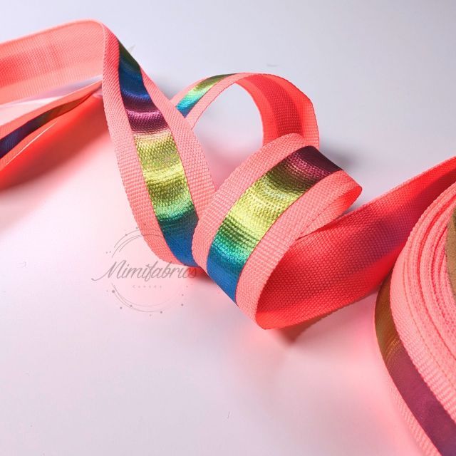 20mm Tape - Neon Pink with Metallic Rainbow