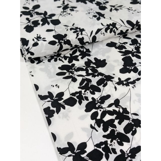 Viscose Challis "Radiance"  - Black Flower on White