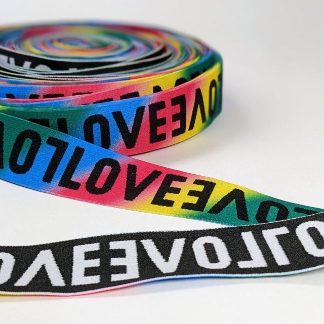 "Soft Touch" Elastic 40mm - "Love" Rainbow with Black 2 Sided