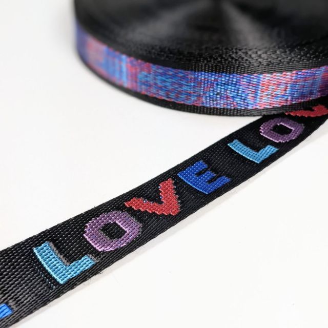 Nylon Love Jacquard Seatbelt Webbing - 25mm - Turquoise/Purple/Red/Blue on Black