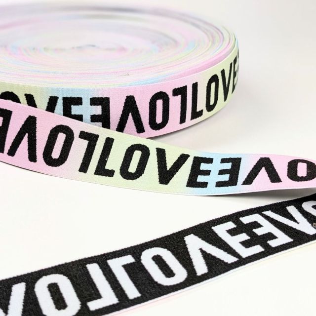 "Soft Touch" Elastic 40mm - "Love" Light Rainbow with Black 2 Sided