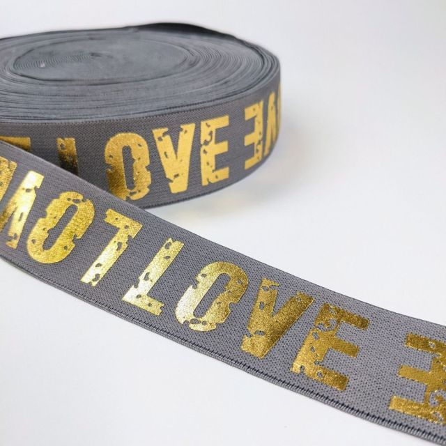 "Soft Touch" Elastic 40mm - "Love" Grey with Gold