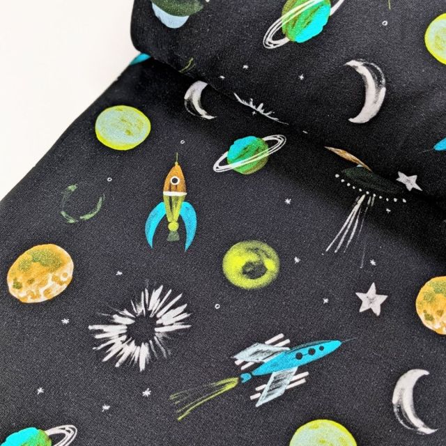 BOLT END - 250 CM - Planets and Spaceships - French Terry -  Black