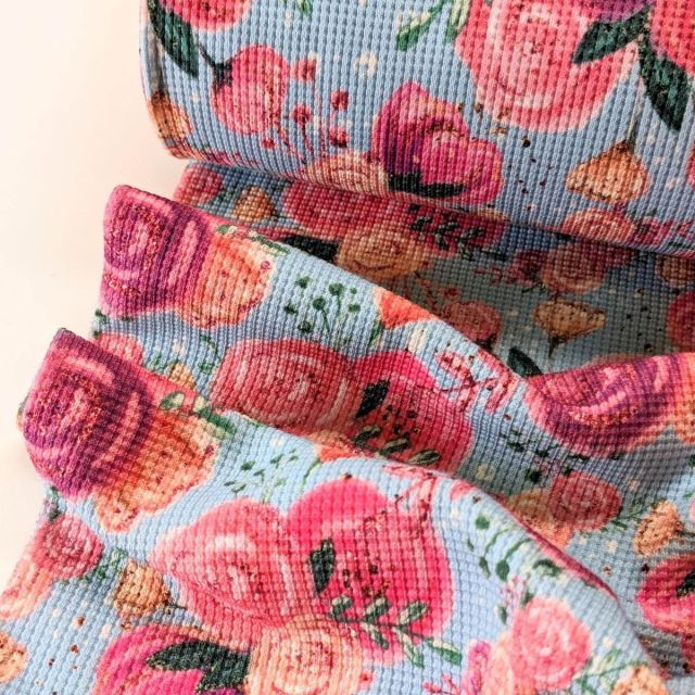 Waffle Jersey - Roses on Blue