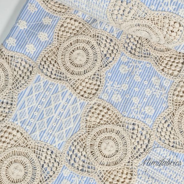 Blue Striped Cotton Fabric with Cotton Crochet Elements - Light Blue/White