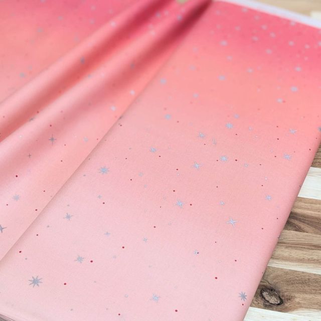 100% Cotton - Fairy Dust Popsicle Pink (226) - Ombre with Silver Metallic Stars by Moda per 1/2m