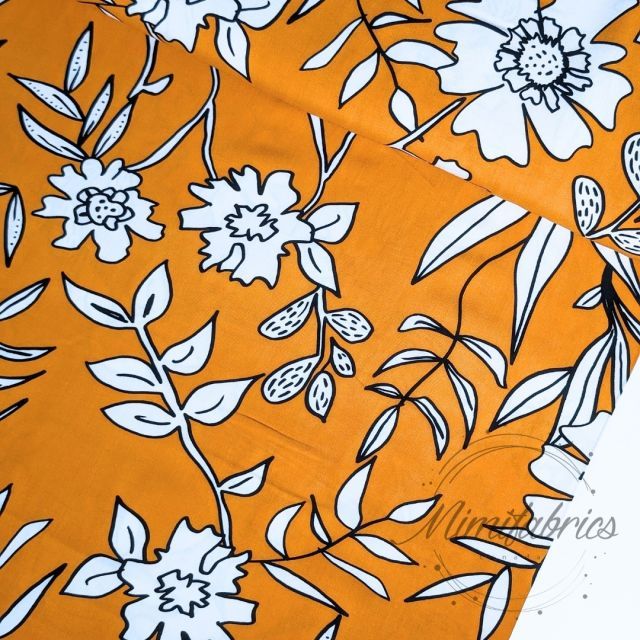 Viscose Challis - Ochre with White Flower Print