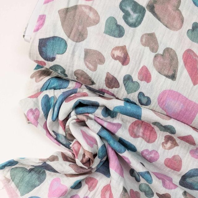 Double Gauze White With Hearts Pastel - Pink/Teal/Taupe