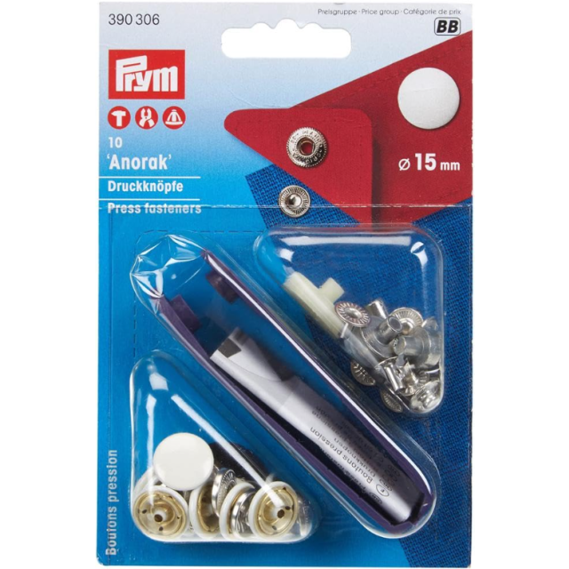 Prym - Non-sew press fastener anorak 10 pcs, 15mm, white 390306 die set incl.