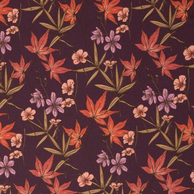 Autumn Flowers on Modal/Cotton French terry - Aubergine