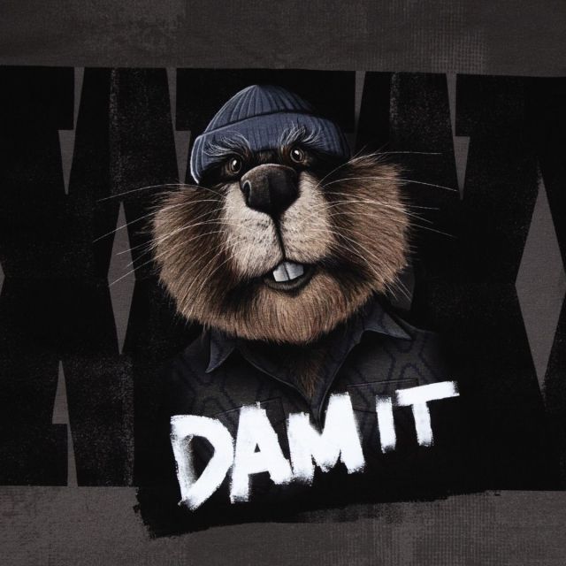 "Dam It" by Thorsten Berger - French Terry Panel Black and Charcoal with Beaver Approx 80cm x 155cm